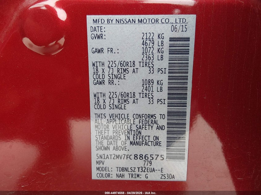 2015 Nissan Rogue VIN 5N1AT2MV7FC886575 IAAI salvage auction — SIDE, Salvage Title, sold $1,350 on 2026-07-11 (photo 9)