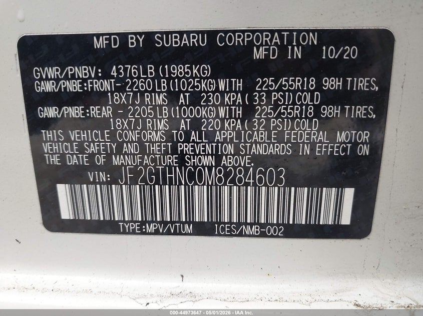 2021 Subaru Xv VIN JF2GTHNC0M8284603 IAAI salvage auction — FRONT END, Salvage (South Carolina), sold $875 on 2026-07-14 (photo 9)