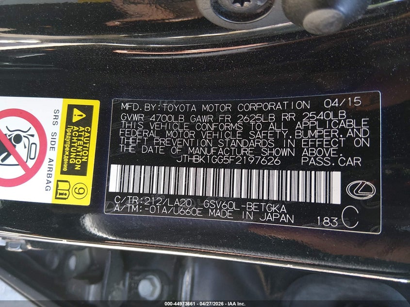 2015 Lexus ES VIN JTHBK1GG5F2197626 IAAI salvage auction — RIGHT FRONT, Salvage Title, sold $4,650 on 2026-07-17 (photo 9)