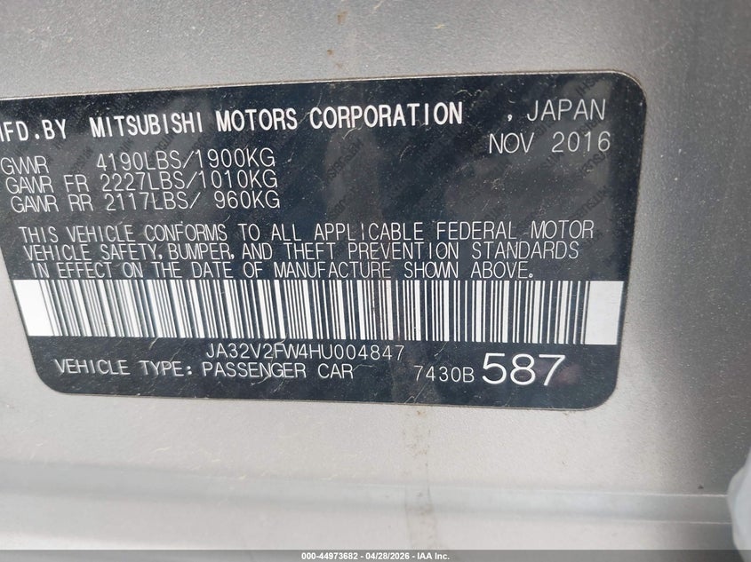 2017 Mitsubishi Lancer VIN JA32V2FW4HU004847 IAAI salvage auction — ROLLOVER, Salvage - Greater Than 75% (Maryland), sold $225 on 2026-07-27 (photo 9)