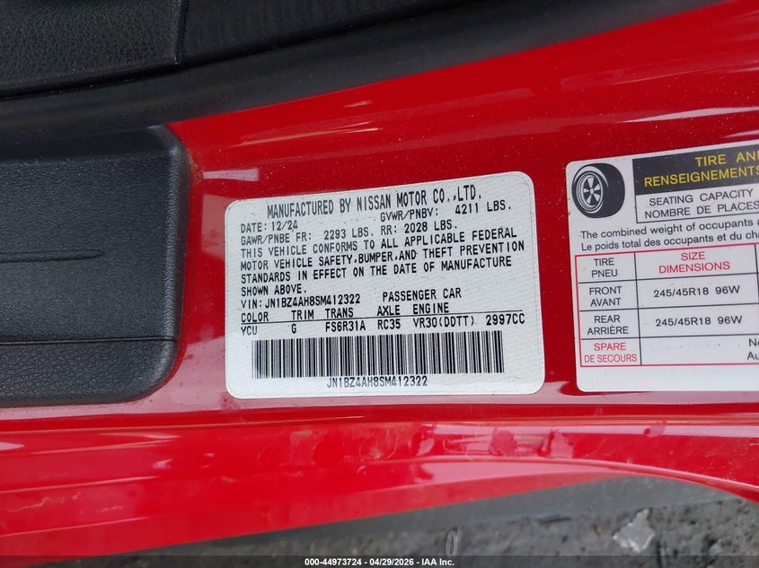 2025 Nissan Z VIN JN1BZ4AH8SM412322 IAAI salvage auction — SIDE, Salvage Title, sold $16,400 on 2026-07-08 (photo 9)
