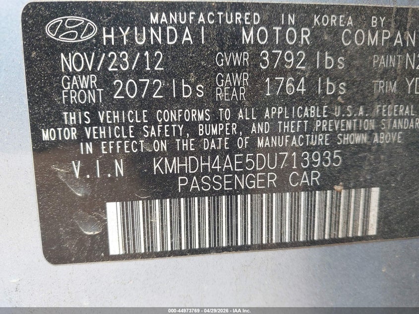 2013 Hyundai Elantra VIN KMHDH4AE5DU713935 IAAI salvage auction — FRONT END, Salvage Title, sold $350 on 2026-07-26 (photo 9)