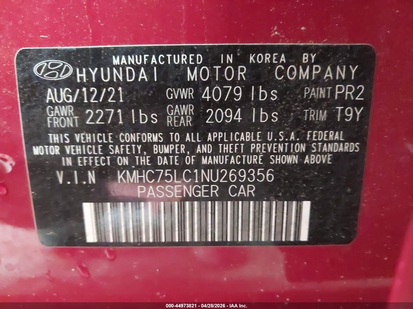 2022 Hyundai Ioniq VIN KMHC75LC1NU269356 IAAI salvage auction — FRONT END, Wait Title, sold $3,000 on 2026-07-28 (photo 9)