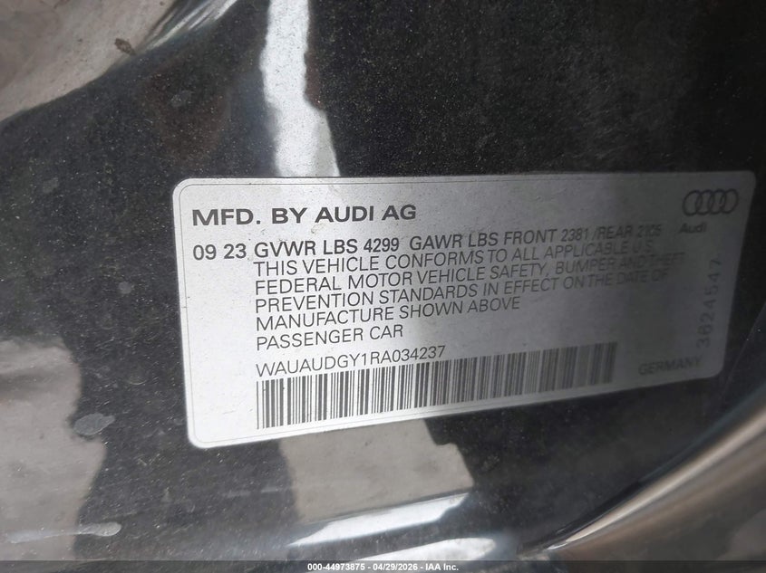 2024 Audi A3 VIN WAUAUDGY1RA034237 IAAI salvage auction — FRONT END, Salvage - Greater Than 75% (Maryland), sold $4,700 on 2026-07-07 (photo 9)