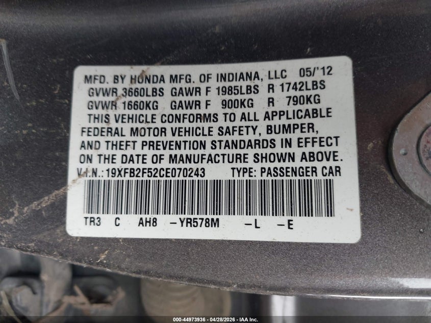 2012 Honda Civic VIN 19XFB2F52CE070243 IAAI salvage auction — FRONT & REAR, Salvage (Pennsylvania), sold $400 on 2026-07-31 (photo 9)