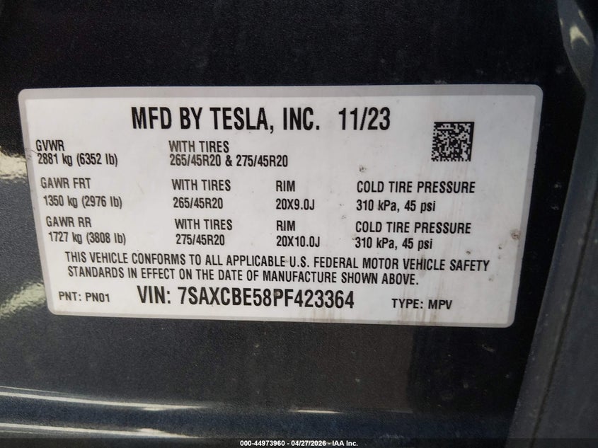 2023 Tesla Model x VIN 7SAXCBE58PF423364 IAAI salvage auction — FRONT END, Salvage Title, sold $15,000 on 2026-07-19 (photo 9)