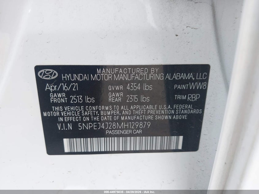 2021 Hyundai Sonata VIN 5NPEJ4J28MH129879 IAAI salvage auction — FRONT END, Salvage Title, sold $6,700 on 2026-07-17 (photo 9)
