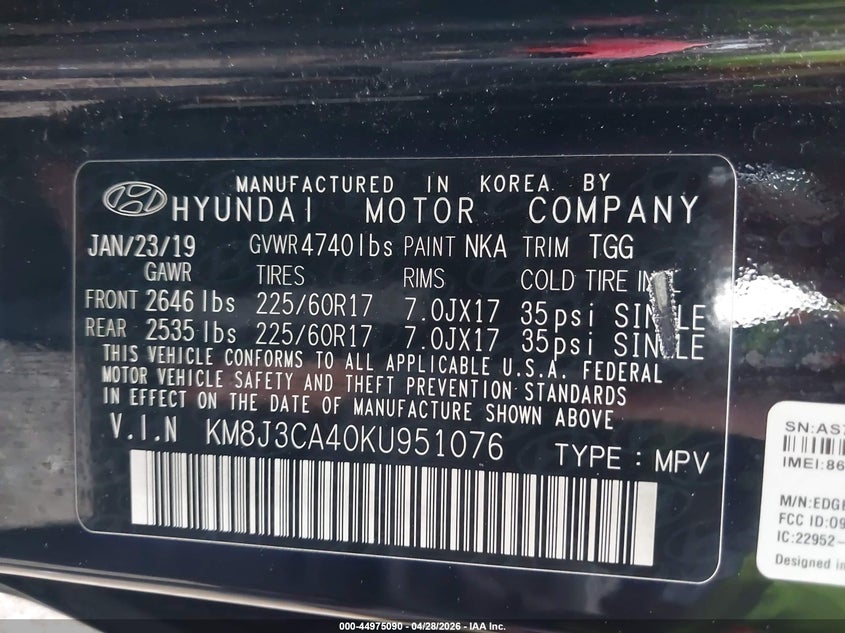 2019 Hyundai Tucson VIN KM8J3CA40KU951076 IAAI salvage auction — REAR END, Salvage Title, sold $2,150 on 2026-07-15 (photo 9)