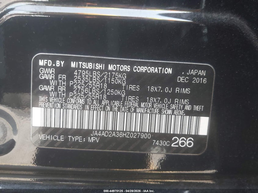 2017 Mitsubishi Outlander VIN JA4AD2A36HZ027900 IAAI salvage auction — LEFT FRONT, Original (Texas), sold $2,750 on 2026-07-08 (photo 9)