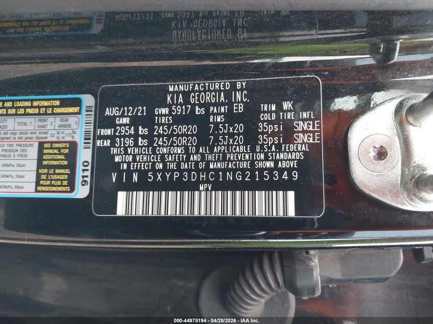 2022 Kia Telluride VIN 5XYP3DHC1NG215349 IAAI salvage auction — LEFT SIDE, Salvage Title, sold $7,100 on 2026-07-10 (photo 9)