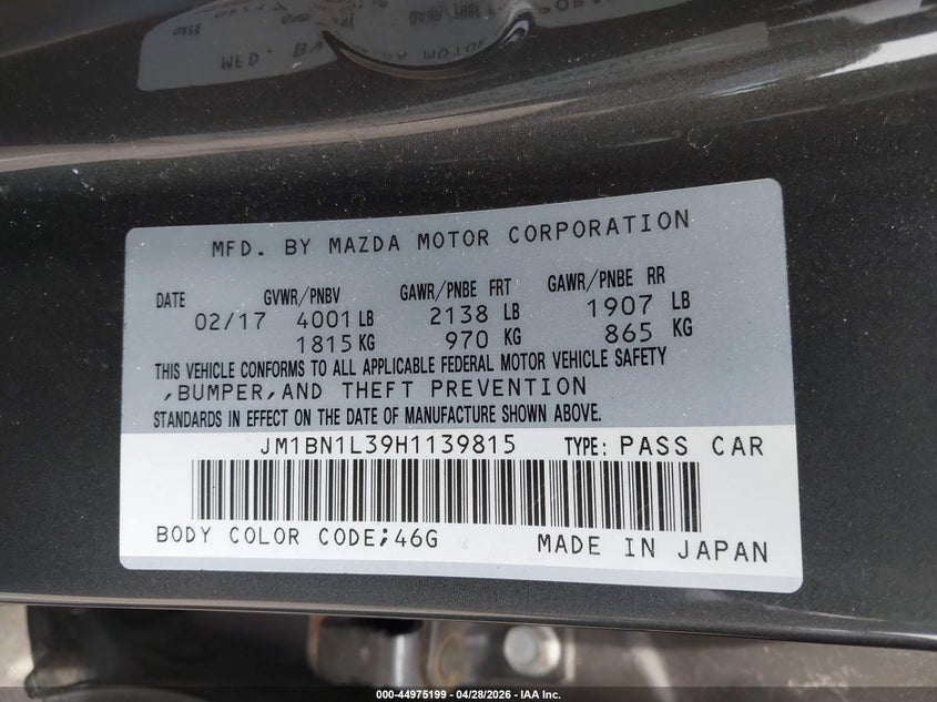 2017 Mazda 3 VIN JM1BN1L39H1139815 IAAI salvage auction — FRONT END, Salvage Title, sold $1,950 on 2026-07-30 (photo 9)