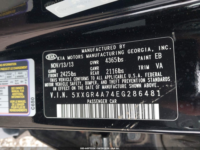 2014 Kia Optima VIN 5XXGR4A74EG286481 IAAI salvage auction — FRONT END, Salvage (Illinois), sold $425 on 2026-07-22 (photo 9)
