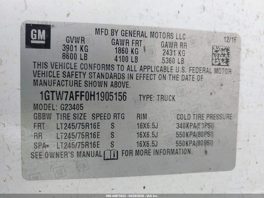 2017 Gmc Savana VIN 1GTW7AFF0H1905156 IAAI salvage auction — THEFT, Salvage Title, sold $1,850 on 2026-09-01 (photo 9)