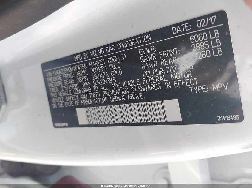 2017 Volvo Xc90 VIN YV4A22PM0H1174558 IAAI salvage auction — ROLLOVER, Non-Repairable (Texas), sold $1,050 on 2026-08-12 (photo 9)