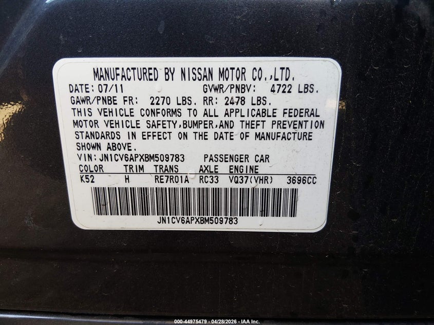 2011 Infiniti G VIN JN1CV6APXBM509783 IAAI salvage auction — FRONT END, Salvage (Arizona), sold $1,300 on 2026-07-14 (photo 9)