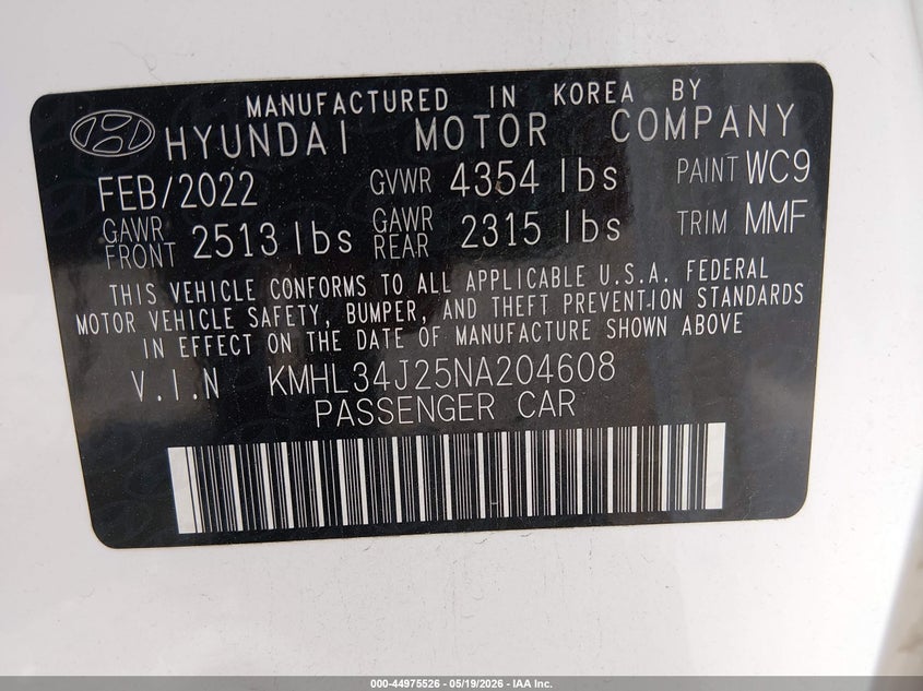 2022 Hyundai Sonata VIN KMHL34J25NA204608 IAAI salvage auction — RIGHT SIDE, Salvage (Texas), sold $9,150 on 2026-07-13 (photo 9)