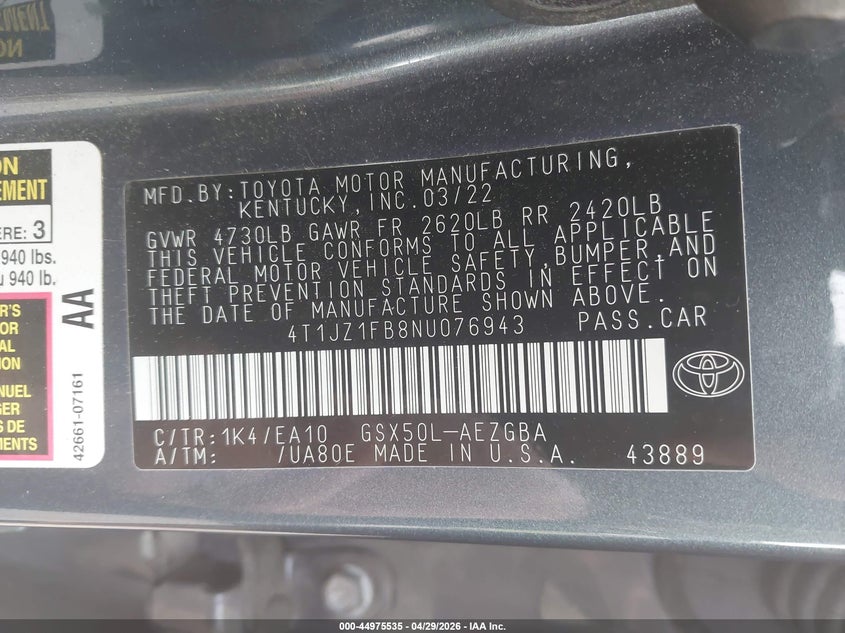 2022 Toyota Avalon VIN 4T1JZ1FB8NU076943 IAAI salvage auction — THEFT, Salvage Title, sold $12,025 on 2026-07-16 (photo 9)