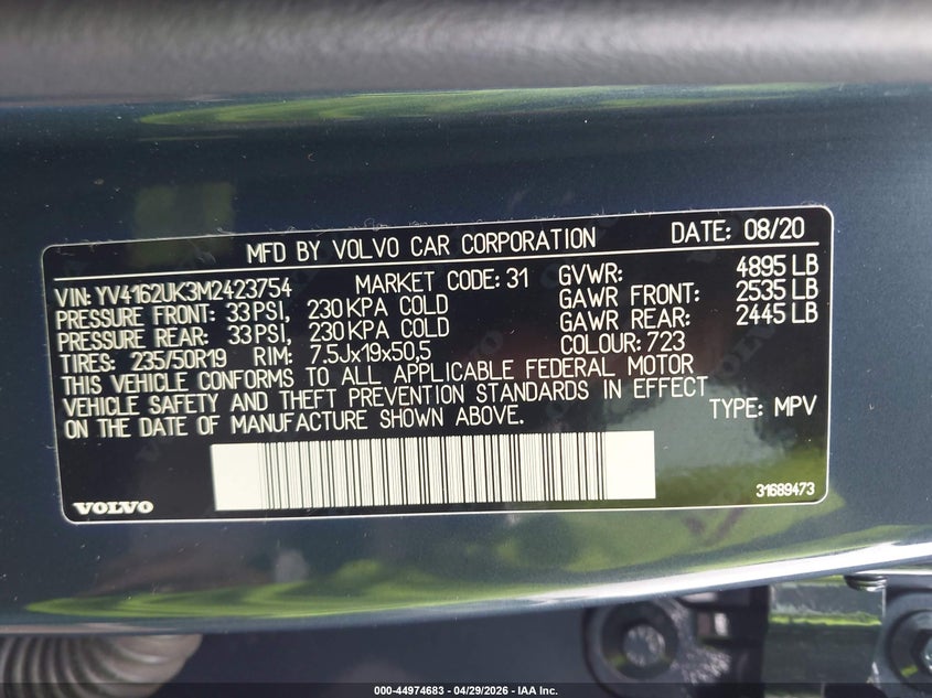 2021 Volvo Xc40 VIN YV4162UK3M2423754 IAAI salvage auction — REAR END, Original (Texas), sold $6,100 on 2026-07-28 (photo 9)