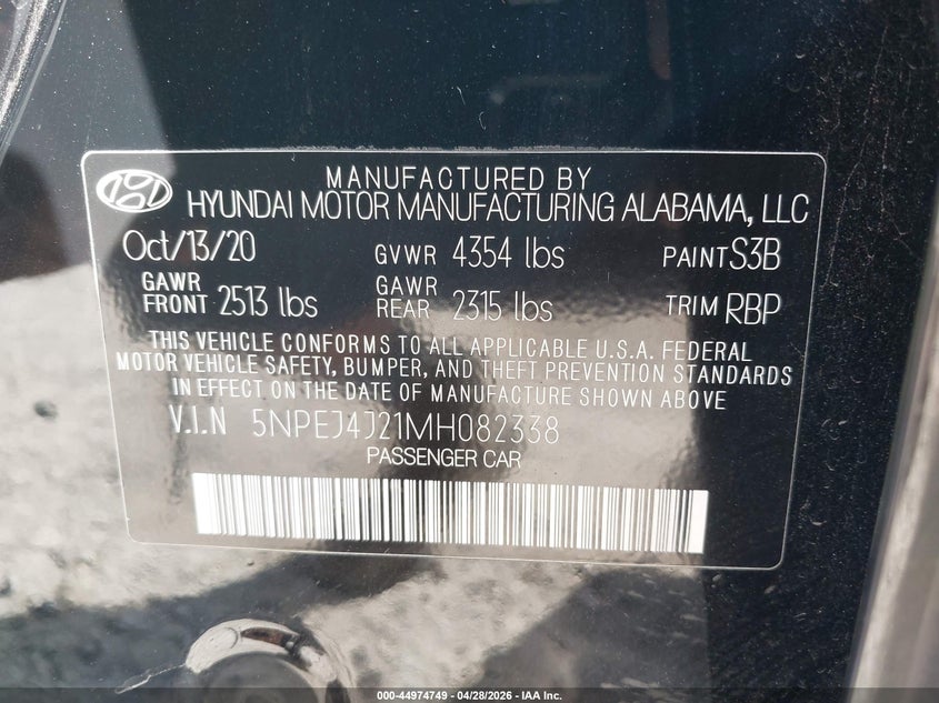 2021 Hyundai Sonata VIN 5NPEJ4J21MH082338 IAAI salvage auction — REAR END, Salvage Title, sold $4,350 on 2026-07-21 (photo 9)