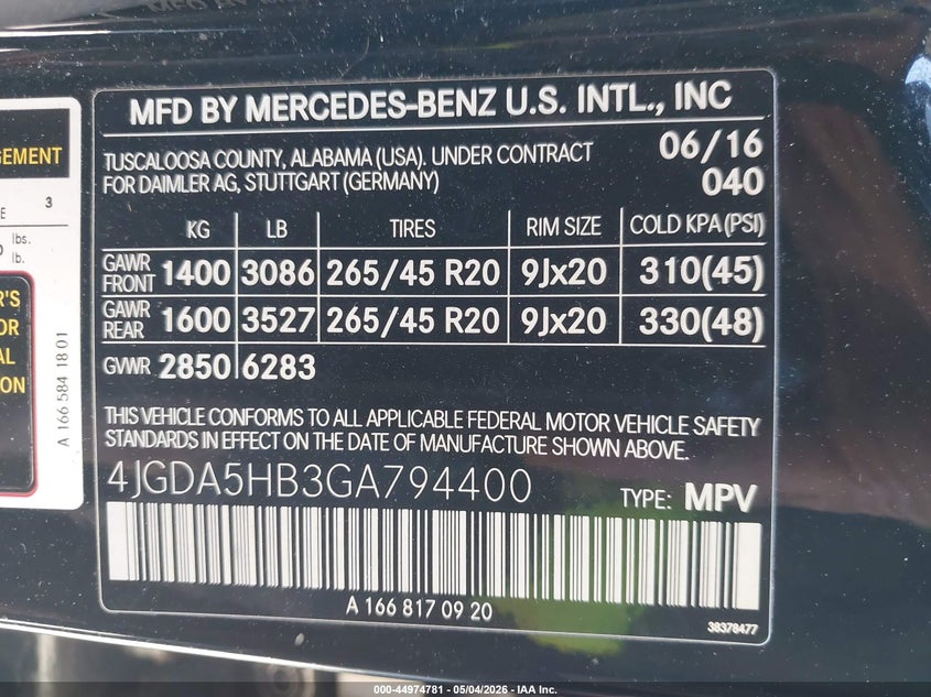 2016 Mercedes-benz Gle VIN 4JGDA5HB3GA794400 IAAI salvage auction — RIGHT SIDE, Mv-907A (New York), sold $7,100 on 2026-07-28 (photo 9)