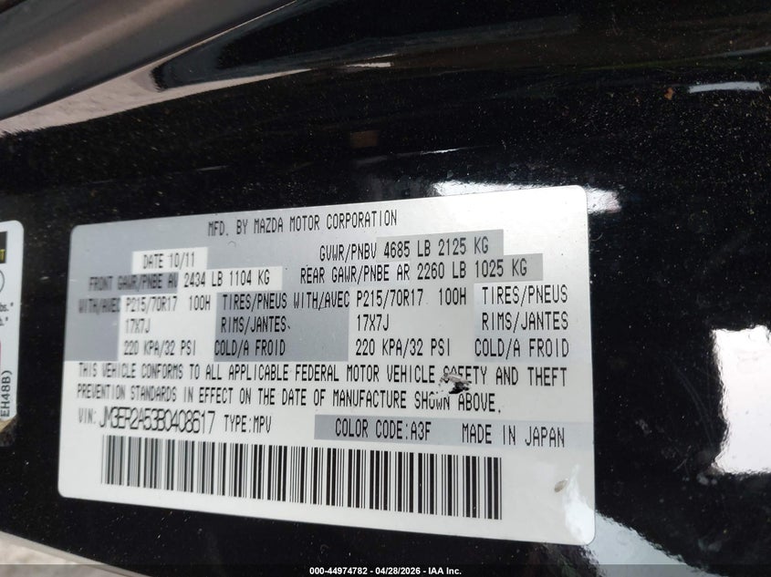 2011 Mazda Cx-7 VIN JM3ER2A53B0408617 IAAI salvage auction — FRONT END, Salvage (Georgia), sold $225 on 2026-07-31 (photo 9)