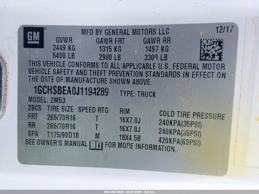 2018 Chevrolet Colorado VIN 1GCHSBEA0J1194289 IAAI salvage auction — REAR END, Salvage Title, sold $3,500 on 2026-07-10 (photo 9)