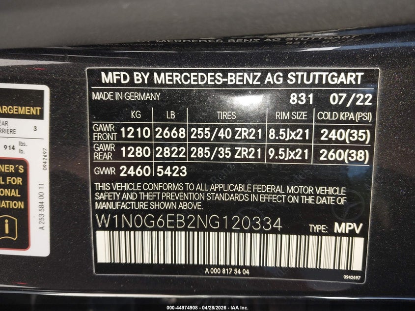 2022 Mercedes-benz VIN W1N0G6EB2NG120334 IAAI salvage auction — FRONT END, Salvage (Maine), sold $22,525 on 2026-07-06 (photo 9)