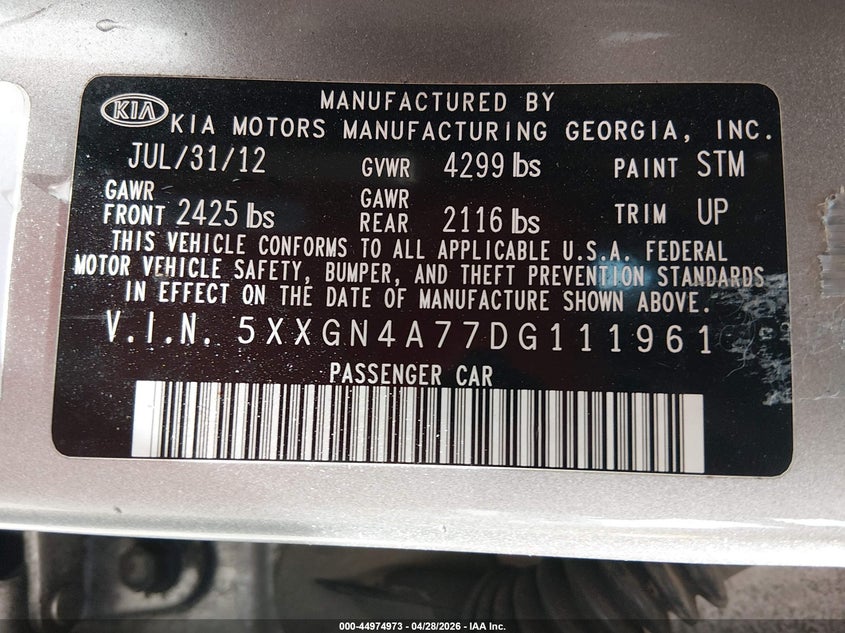 2013 Kia Optima VIN 5XXGN4A77DG111961 IAAI salvage auction — FRONT END, Salvage (West Virginia), sold $475 on 2026-07-08 (photo 9)