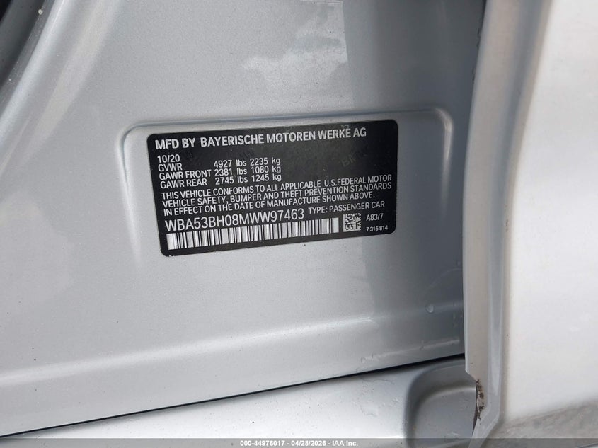 2021 BMW 5er VIN WBA53BH08MWW97463 IAAI salvage auction — SIDE, Salvage Title, sold $10,825 on 2026-08-19 (photo 9)