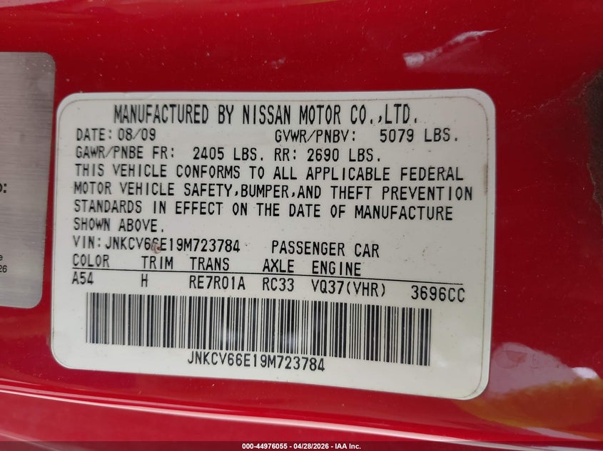 2009 Infiniti G37 VIN JNKCV66E19M723784 IAAI salvage auction — FRONT END, Original (Texas), sold $2,075 on 2026-07-13 (photo 9)