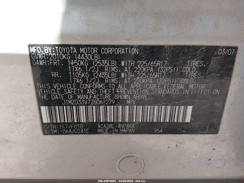 2007 Toyota Rav 4 VIN JTMZD33V775061279 IAAI salvage auction — NORMAL WEAR, Salvage (Texas), sold $1,400 on 2026-07-29 (photo 9)