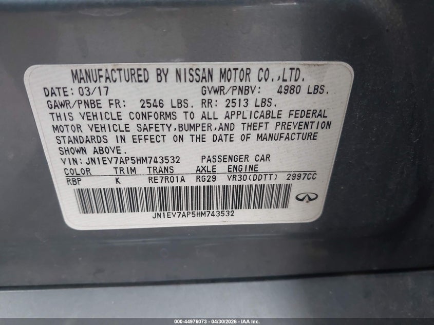 2017 Infiniti Q50 VIN JN1EV7AP5HM743532 IAAI salvage auction — REAR END, Salvage (Louisiana), sold $1,400 on 2026-07-21 (photo 9)