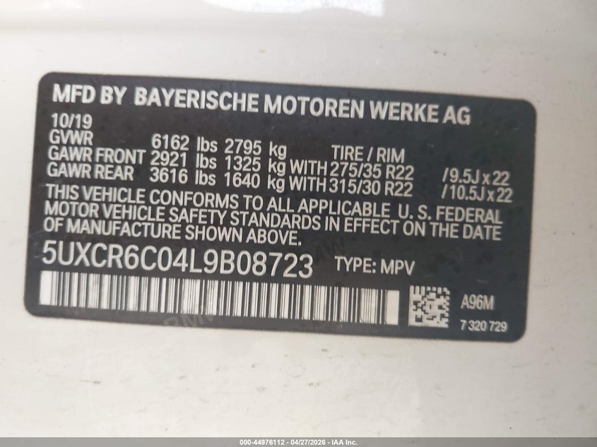 2020 BMW X5 VIN 5UXCR6C04L9B08723 IAAI salvage auction — FRONT END, Salvage Title, sold $15,400 on 2026-09-02 (photo 9)