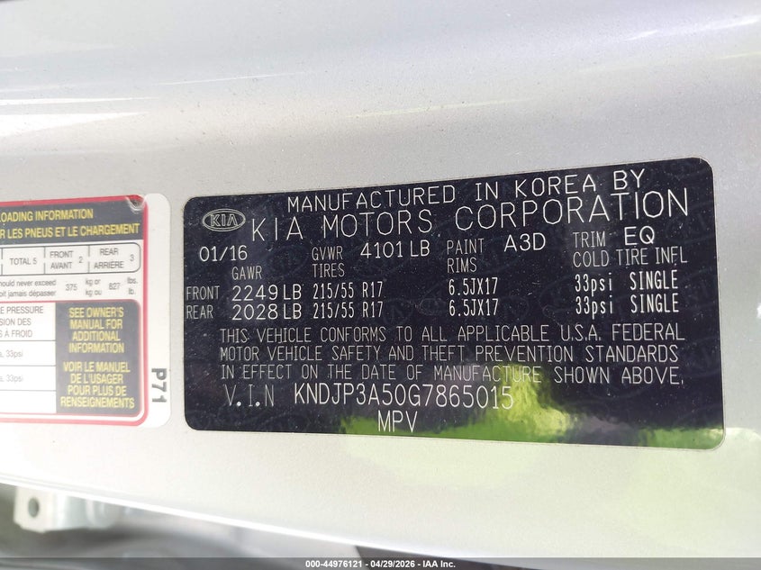 2016 Kia Soul VIN KNDJP3A50G7865015 IAAI salvage auction — REAR END, Original (Texas), sold $1,300 on 2026-07-17 (photo 9)