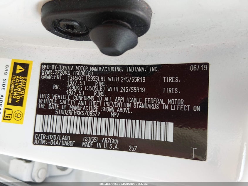 2019 Toyota Highlander VIN 5TDDZRFHXKS708572 IAAI salvage auction — FRONT END, Salvage (West Virginia), sold $10,600 on 2026-07-15 (photo 9)