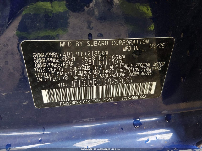 2025 Subaru Impreza VIN JF1GUABC1S8253063 IAAI salvage auction — RIGHT SIDE, Salvage (Indiana), sold $4,400 on 2026-07-15 (photo 9)