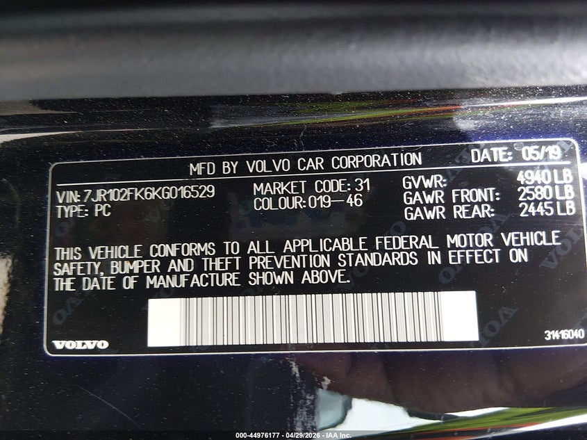 2019 Volvo S60 VIN 7JR102FK6KG016529 IAAI salvage auction — RIGHT FRONT, Salvage Title, sold $4,850 on 2026-07-09 (photo 9)