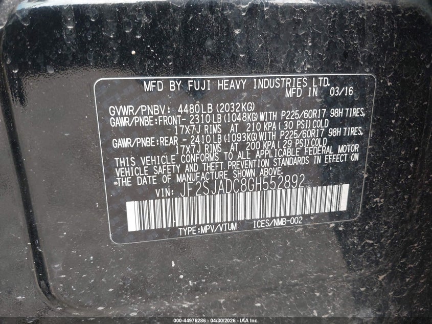 2016 Subaru Forester VIN JF2SJADC8GH552892 IAAI salvage auction — THEFT, Salvage (Illinois), sold $800 on 2026-07-29 (photo 9)