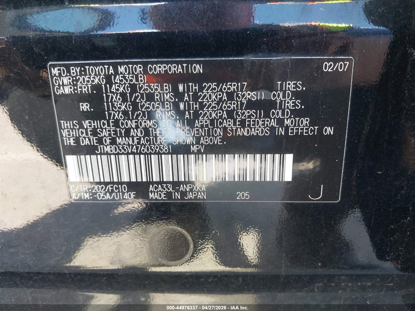 2007 Toyota Rav 4 VIN JTMBD33V476039381 IAAI salvage auction — NORMAL WEAR, Salvage (Texas), sold $325 on 2026-07-22 (photo 9)