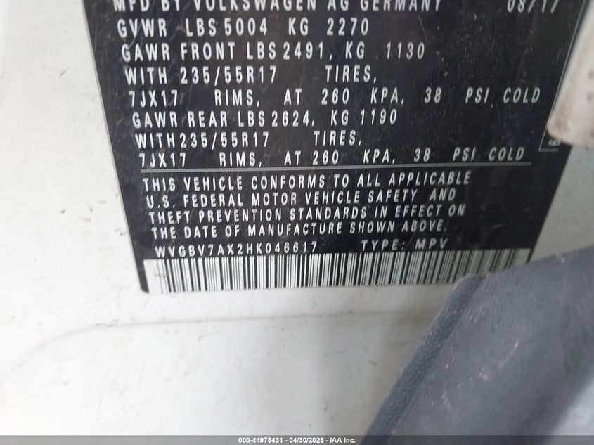 2017 Volkswagen Tiguan VIN WVGBV7AX2HK046617 IAAI salvage auction — RIGHT FRONT, Mv-907A (New York), sold $1,425 on 2026-07-07 (photo 9)