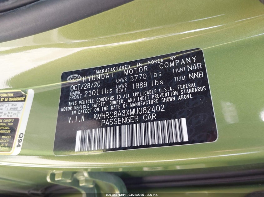 2021 Hyundai Venue VIN KMHRC8A3XMU082402 IAAI salvage auction — FRONT END, Salvage Title, sold $725 on 2026-07-29 (photo 9)