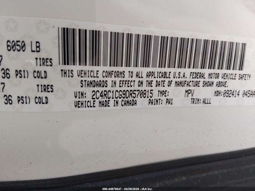 2013 Chrysler Town & country VIN 2C4RC1CG9DR570815 IAAI salvage auction — FRONT & REAR, Salvage Title, sold $1,350 on 2026-07-20 (photo 9)