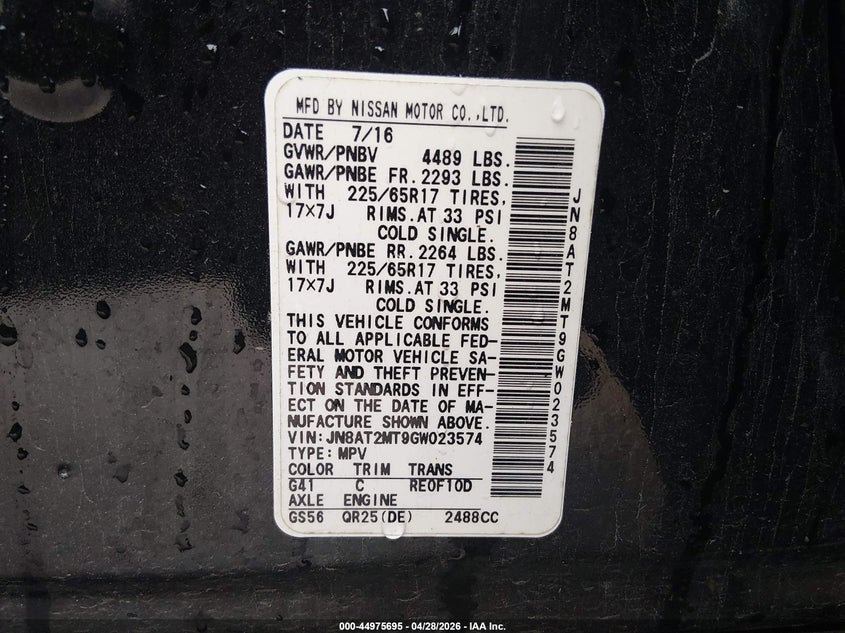 2016 Nissan Rogue VIN JN8AT2MT9GW023574 IAAI salvage auction — FRONT END, Salvage (Alabama), sold $275 on 2026-07-15 (photo 9)