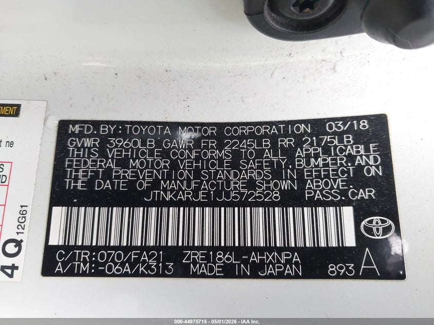 2018 Toyota Corolla VIN JTNKARJE1JJ572528 IAAI salvage auction — FRONT END, Salvage (California), sold $1,850 on 2026-07-13 (photo 9)