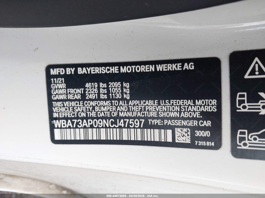 2022 BMW 4er VIN WBA73AP09NCJ47597 IAAI salvage auction — HAIL, Salvage (Ohio), sold $18,300 on 2026-07-28 (photo 9)