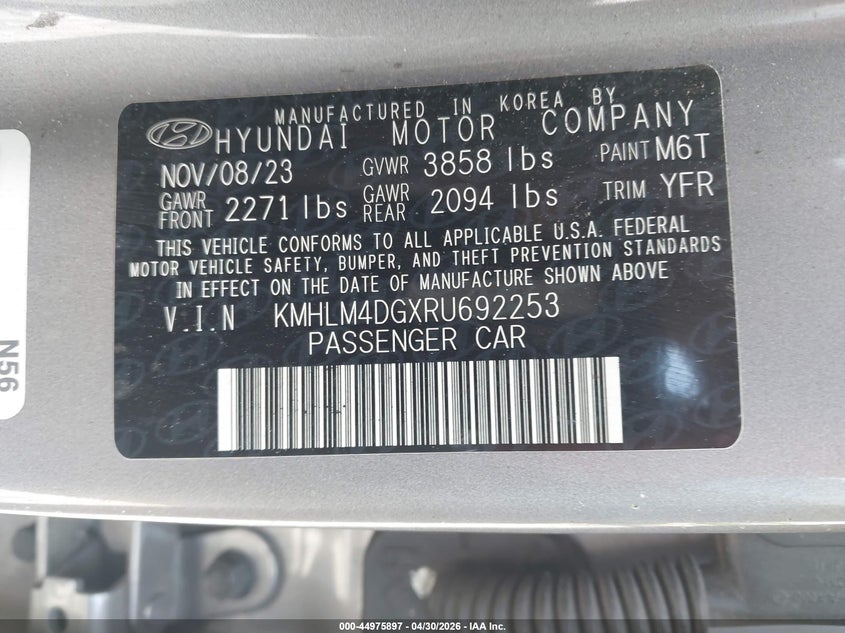 2024 Hyundai Elantra VIN KMHLM4DGXRU692253 IAAI salvage auction — REAR END, Salvage (Tennessee), sold $1,250 on 2026-07-14 (photo 9)