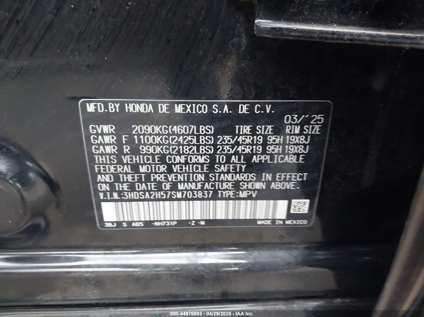 2025 Acura Adx VIN 3HDSA2H57SM703837 IAAI salvage auction — HAIL, Salvage (Ohio), sold $19,350 on 2026-07-07 (photo 9)