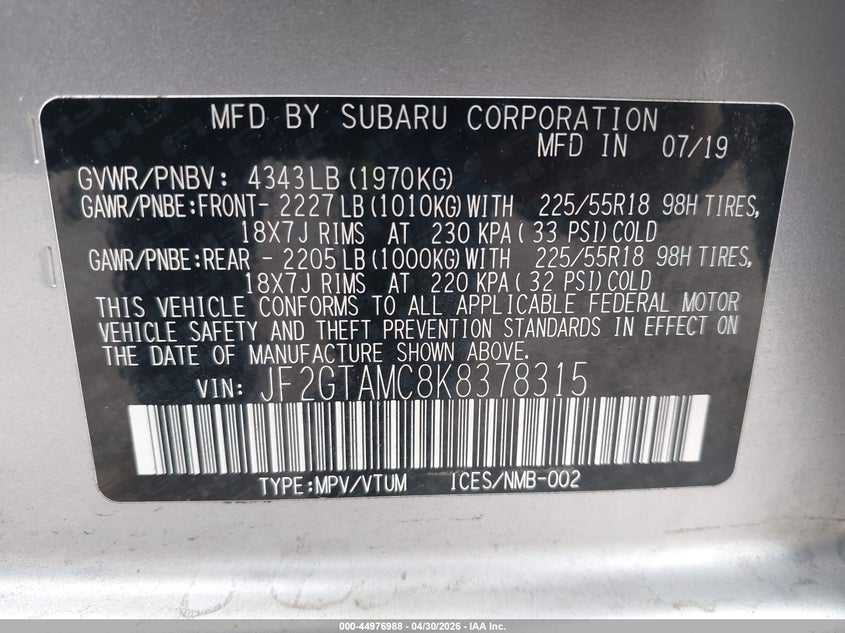 2019 Subaru Xv VIN JF2GTAMC8K8378315 IAAI salvage auction — FRONT END, Mv-907A (New York), sold $2,675 on 2026-07-21 (photo 9)