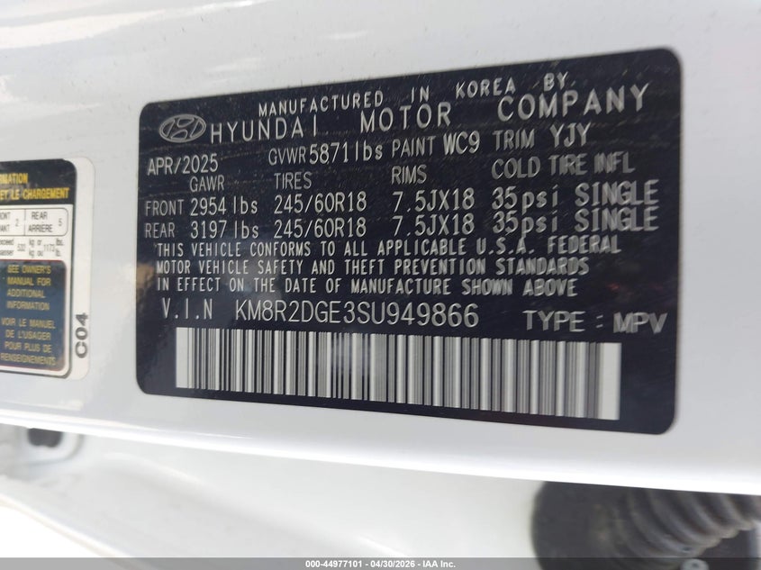 2025 Hyundai Palisade VIN KM8R2DGE3SU949866 IAAI salvage auction — LEFT SIDE, Salvage (North Carolina), sold $15,325 on 2026-07-06 (photo 9)