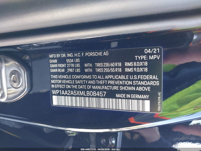 2021 Porsche Macan VIN WP1AA2A5XMLB08457 IAAI salvage auction — FRONT END, Salvage Title, sold $17,300 on 2026-07-22 (photo 9)